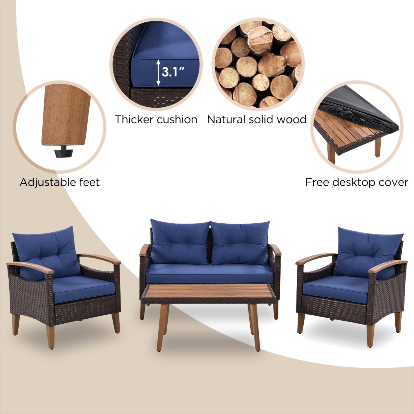 Mobilier de jardin 4 pièces, ensemble de salon de patio, canapé d'extérieur en rotin PE, table et jambes en bois, marron et bleu