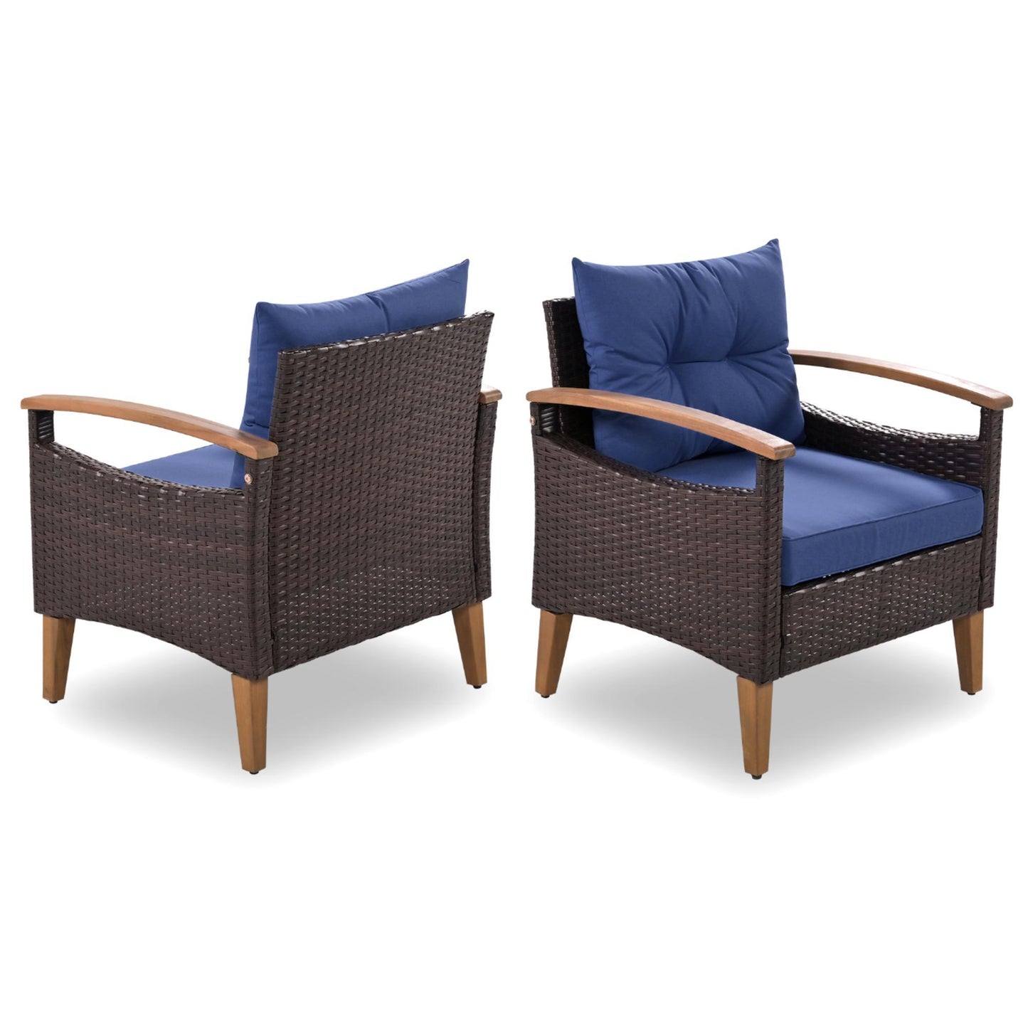 Mobilier de jardin 4 pièces, ensemble de salon de patio, canapé d'extérieur en rotin PE, table et jambes en bois, marron et bleu