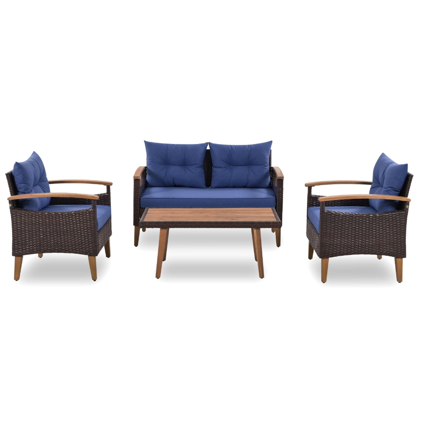 Mobilier de jardin 4 pièces, ensemble de salon de patio, canapé d'extérieur en rotin PE, table et jambes en bois, marron et bleu