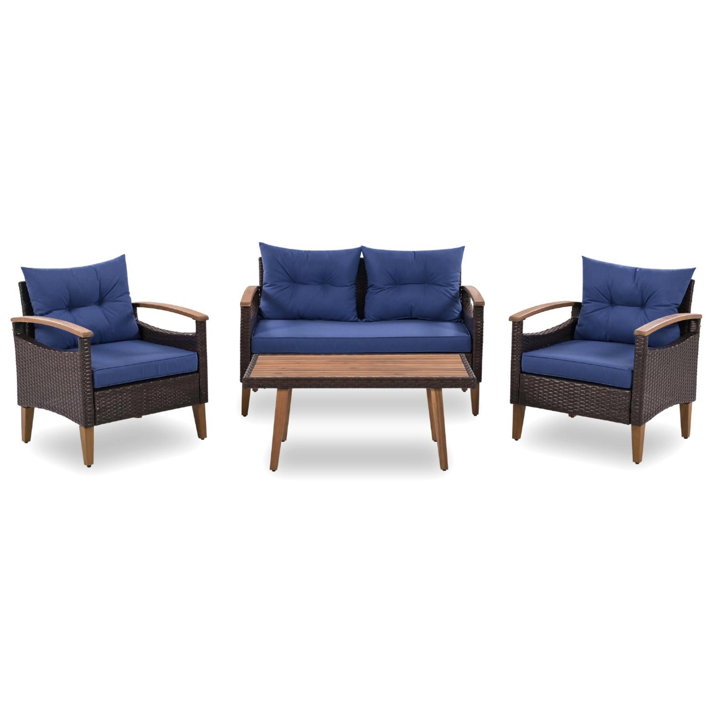 Mobilier de jardin 4 pièces, ensemble de salon de patio, canapé d'extérieur en rotin PE, table et jambes en bois, marron et bleu