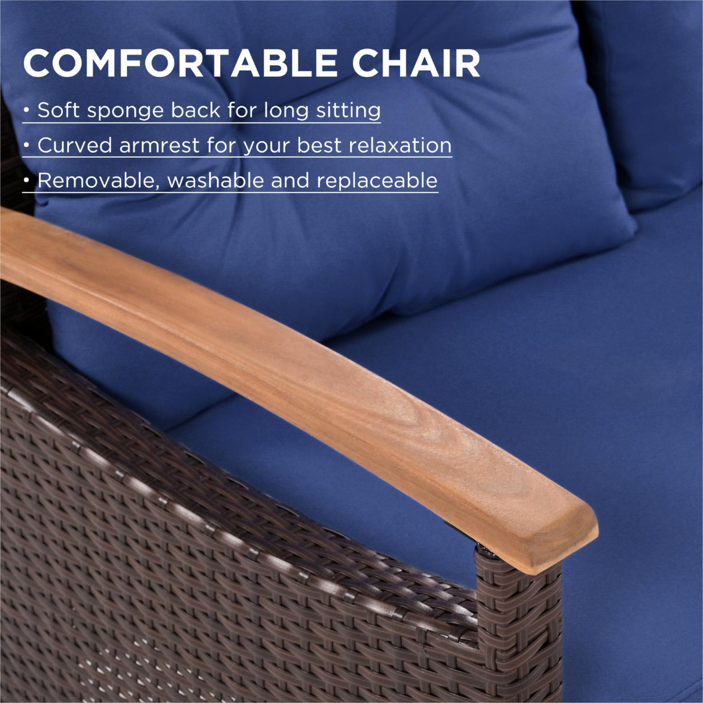 Mobilier de jardin 4 pièces, ensemble de salon de patio, canapé d'extérieur en rotin PE, table et jambes en bois, marron et bleu