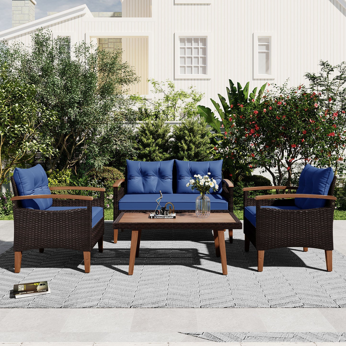Mobilier de jardin 4 pièces, ensemble de salon de patio, canapé d'extérieur en rotin PE, table et jambes en bois, marron et bleu