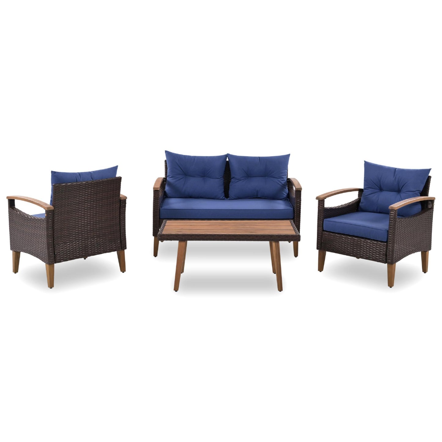 Mobilier de jardin 4 pièces, ensemble de salon de patio, canapé d'extérieur en rotin PE, table et jambes en bois, marron et bleu