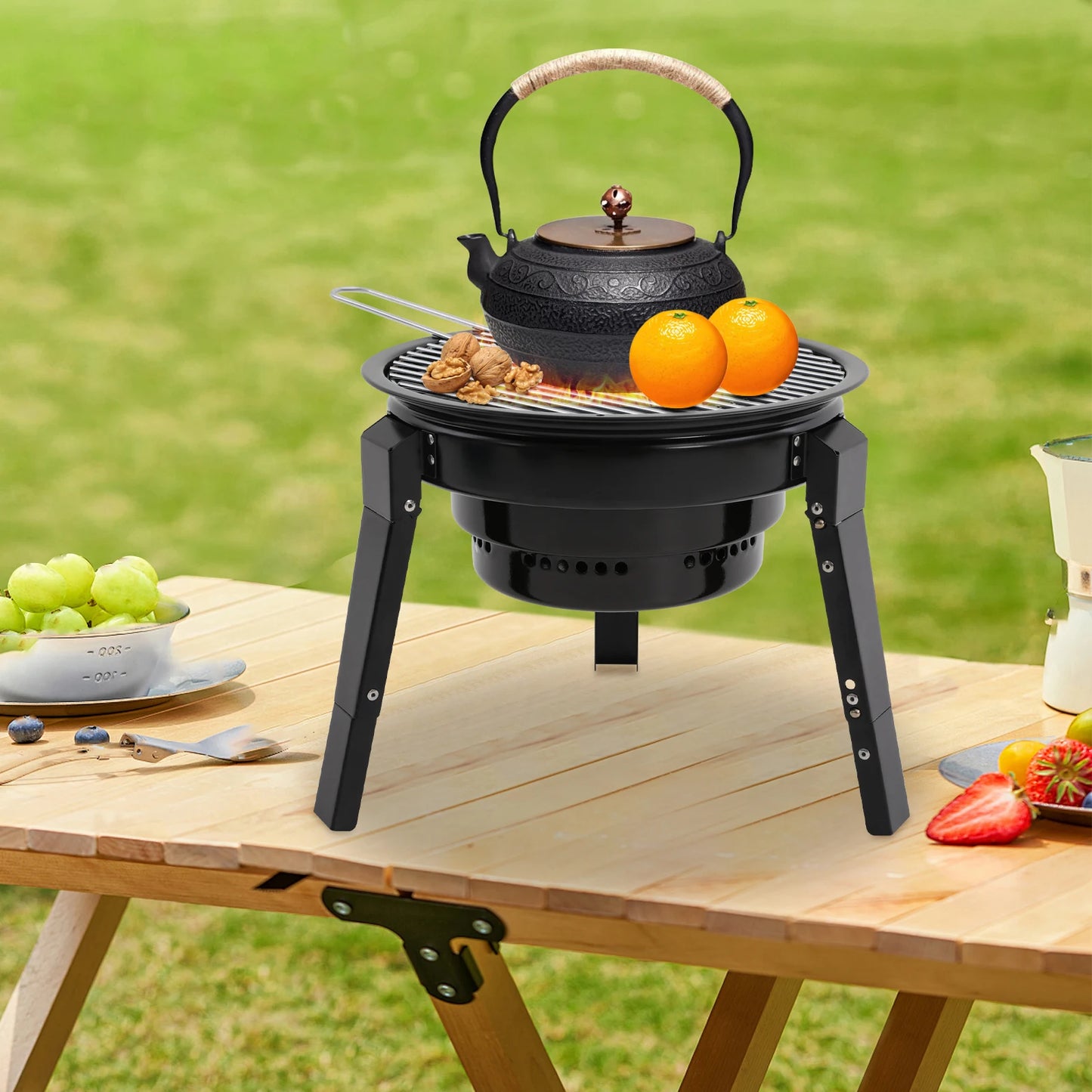 Barbecue à charbon portable pliable à 3 pieds de 35,5 cm avec filet et bac à cendres pour camping, pique-nique et fêtes