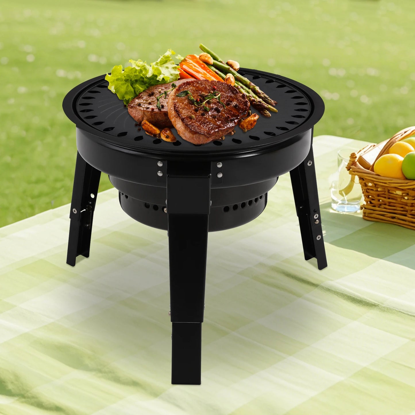 Barbecue à charbon portable pliable à 3 pieds de 35,5 cm avec filet et bac à cendres pour camping, pique-nique et fêtes