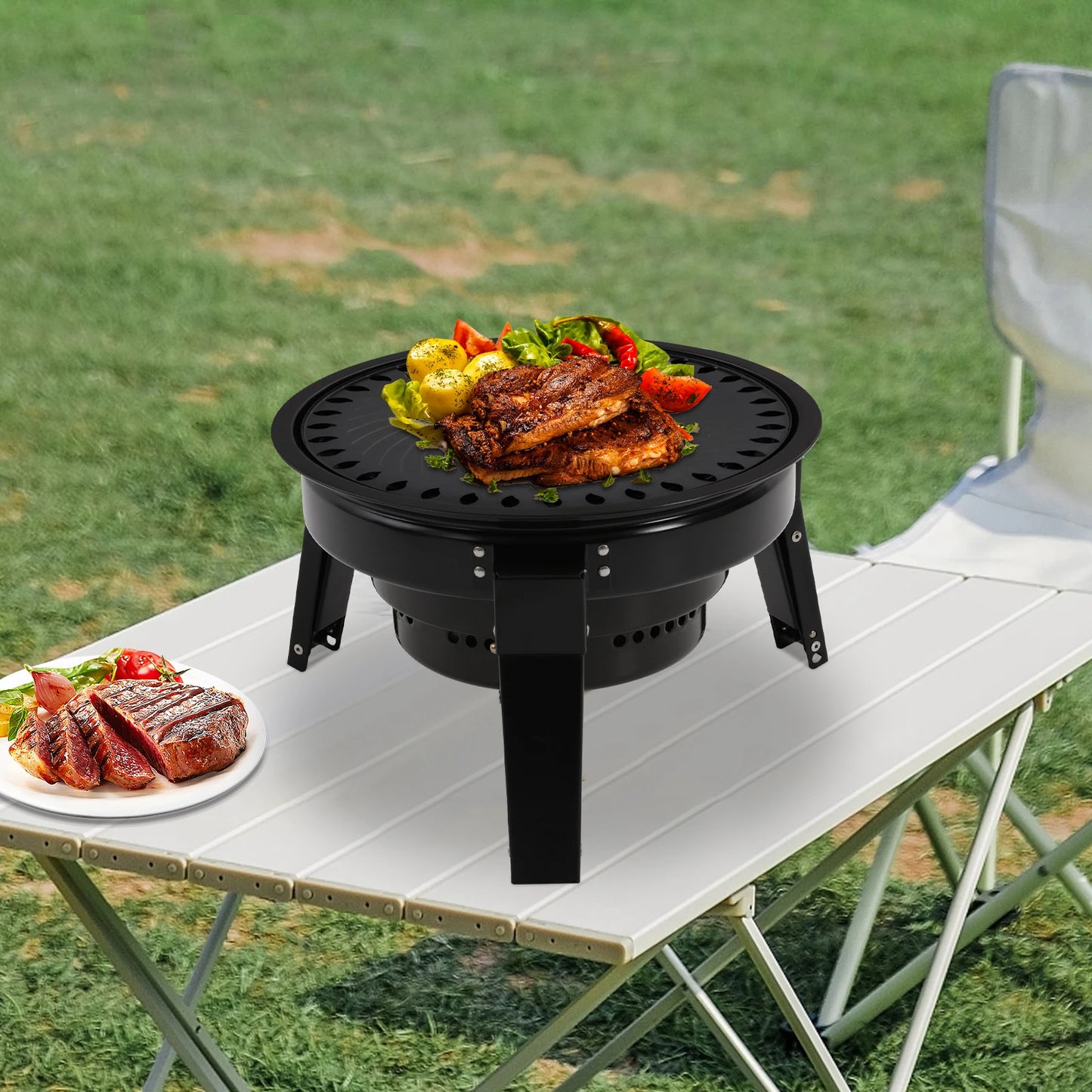 Barbecue à charbon portable pliable à 3 pieds de 35,5 cm avec filet et bac à cendres pour camping, pique-nique et fêtes