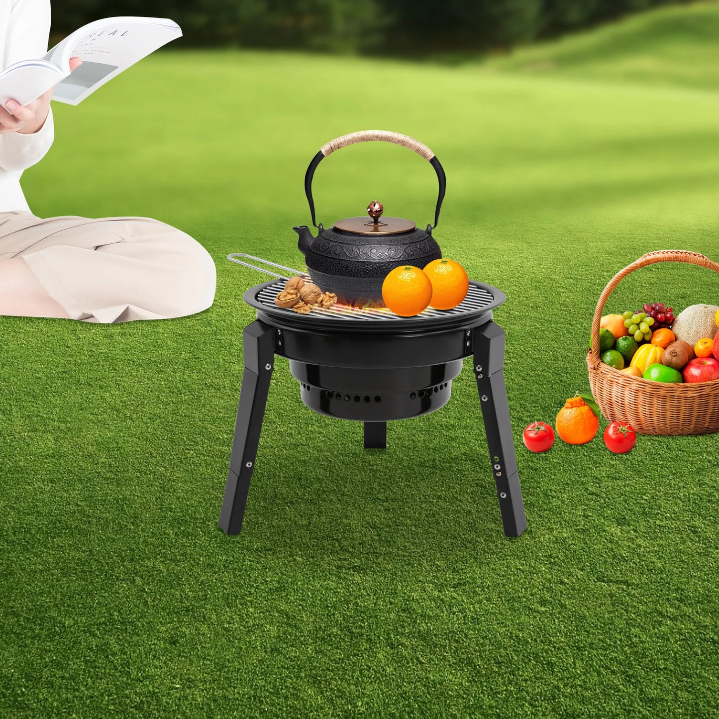Barbecue à charbon portable pliable à 3 pieds de 35,5 cm avec filet et bac à cendres pour camping, pique-nique et fêtes