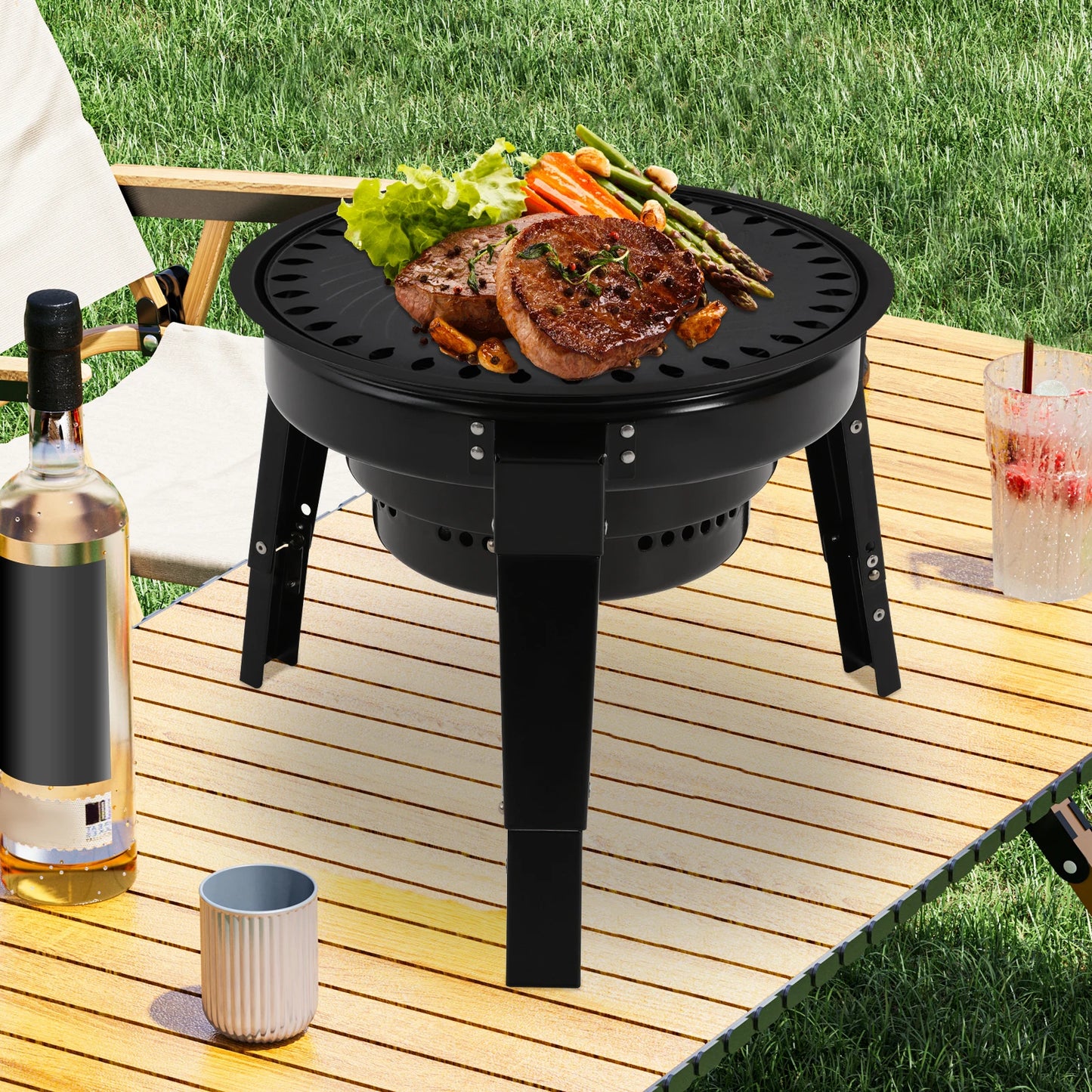 Barbecue à charbon portable pliable à 3 pieds de 35,5 cm avec filet et bac à cendres pour camping, pique-nique et fêtes