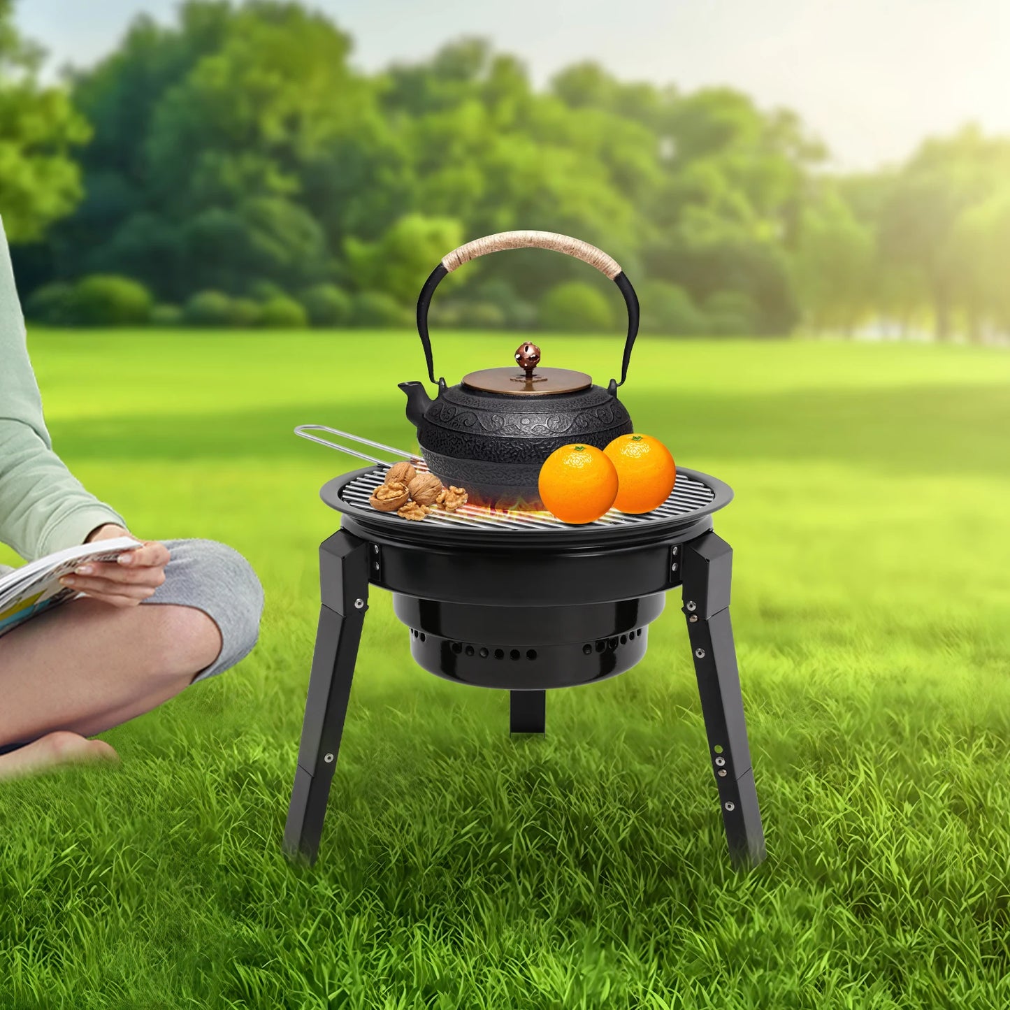 Barbecue à charbon portable pliable à 3 pieds de 35,5 cm avec filet et bac à cendres pour camping, pique-nique et fêtes