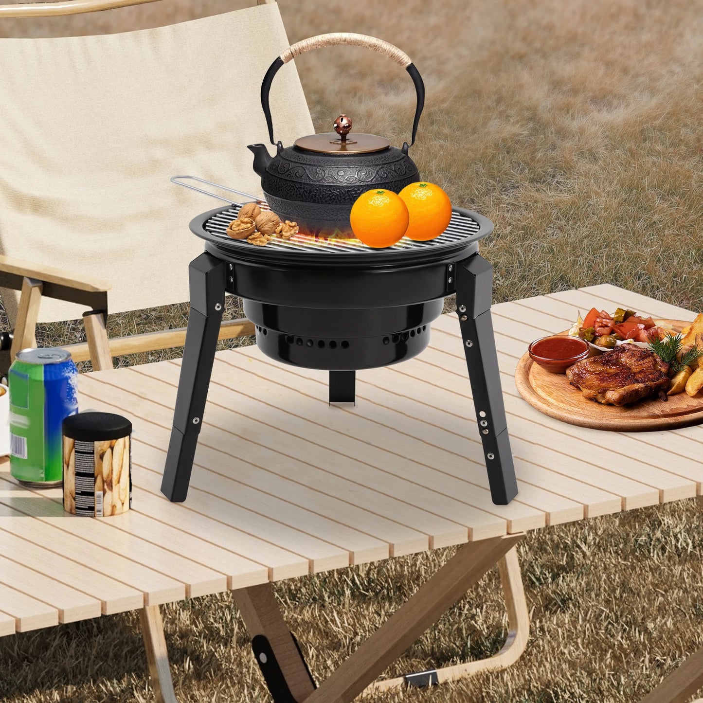Barbecue à charbon portable pliable à 3 pieds de 35,5 cm avec filet et bac à cendres pour camping, pique-nique et fêtes