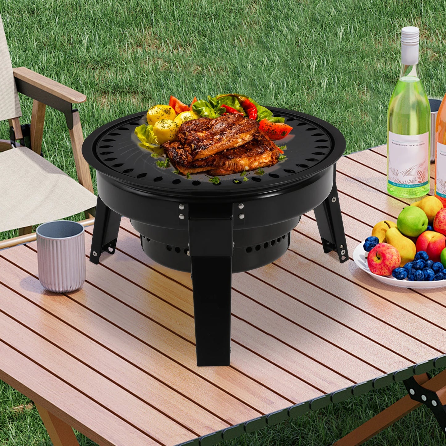 Barbecue à charbon portable pliable à 3 pieds de 35,5 cm avec filet et bac à cendres pour camping, pique-nique et fêtes