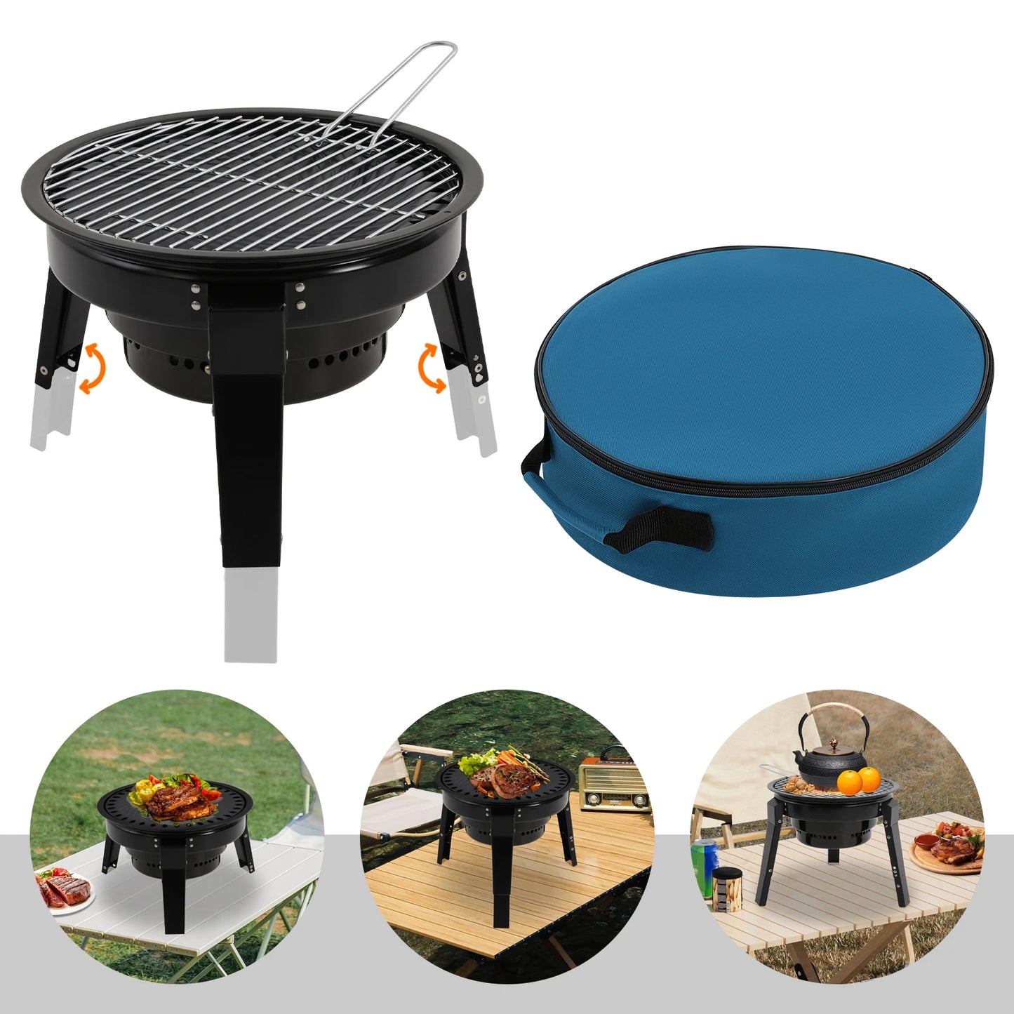 Barbecue à charbon portable pliable à 3 pieds de 35,5 cm avec filet et bac à cendres pour camping, pique-nique et fêtes