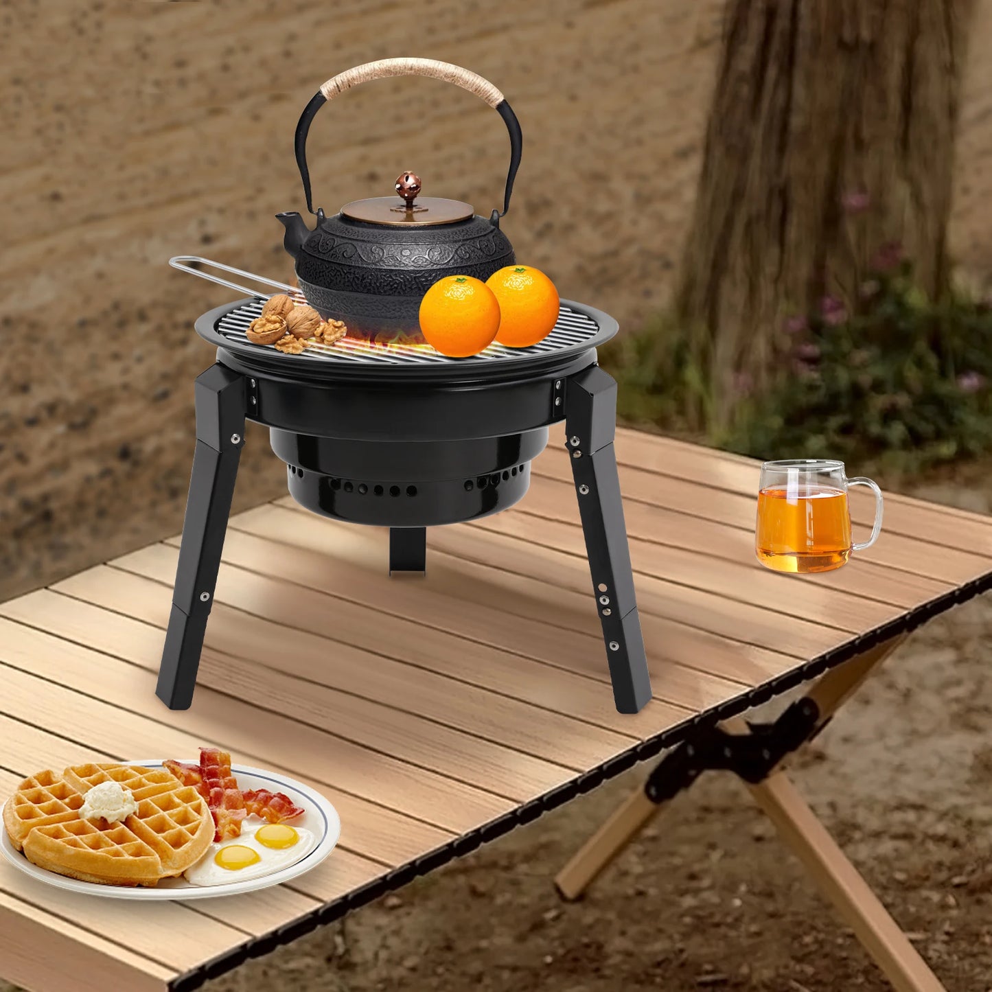 Barbecue à charbon portable pliable à 3 pieds de 35,5 cm avec filet et bac à cendres pour camping, pique-nique et fêtes