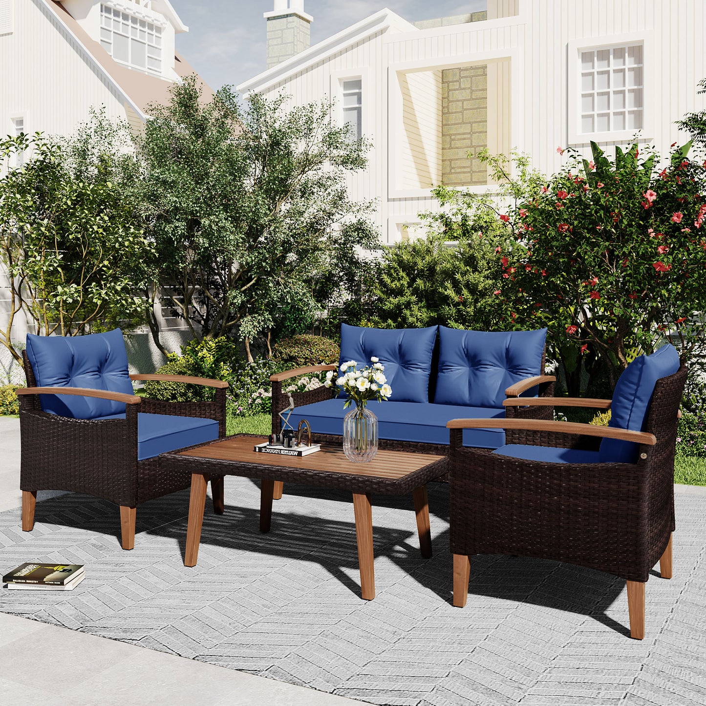 Mobilier de jardin 4 pièces, ensemble de salon de patio, canapé d'extérieur en rotin PE, table et jambes en bois, marron et bleu