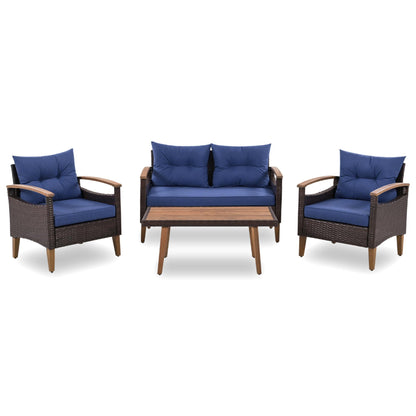 Mobilier de jardin 4 pièces, ensemble de salon de patio, canapé d'extérieur en rotin PE, table et jambes en bois, marron et bleu