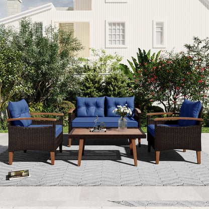 Mobilier de jardin 4 pièces, ensemble de salon de patio, canapé d'extérieur en rotin PE, table et jambes en bois, marron et bleu
