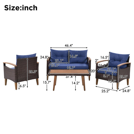 Mobilier de jardin 4 pièces, ensemble de salon de patio, canapé d'extérieur en rotin PE, table et jambes en bois, marron et bleu