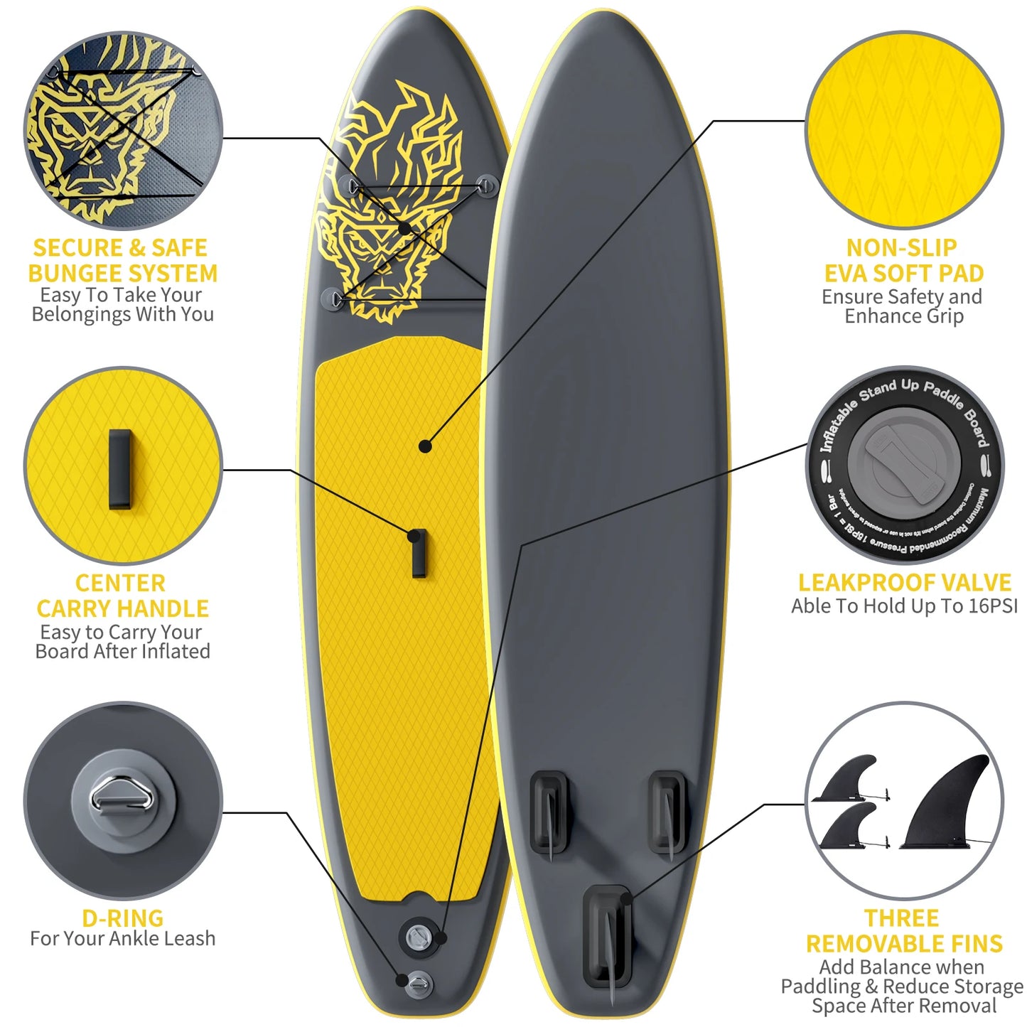 Planche de stand up paddle gonflable ultra-légère pour tous niveaux avec accessoires (sans pompe), pagaie, ailerons et kit de réparation