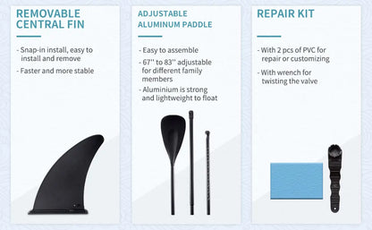 Planche de stand up paddle gonflable ultra-légère pour tous niveaux avec accessoires (sans pompe), pagaie, ailerons et kit de réparation