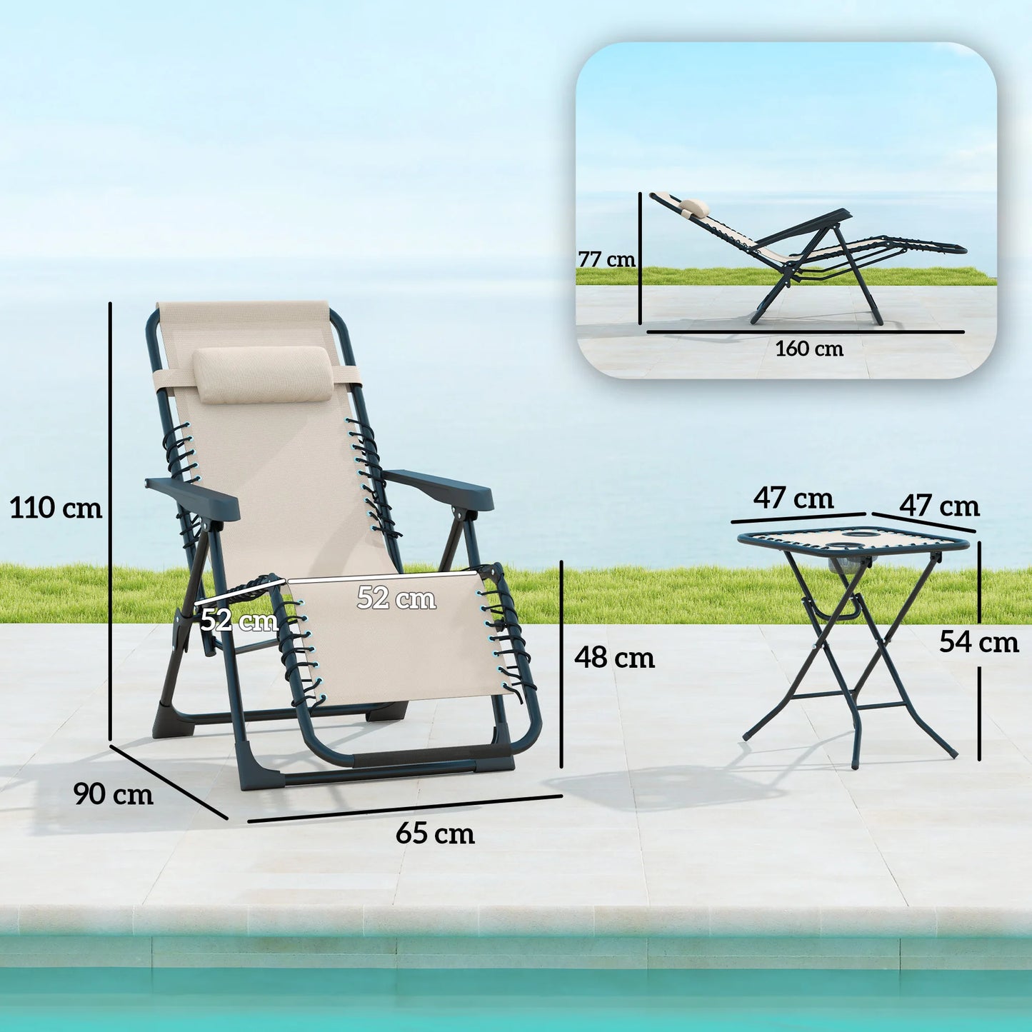 Ensemble de 2 chaises longues de jardin d'extérieur avec accoudoir et table d'appoint