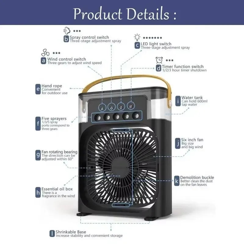 Nouveau ventilateur 3 en 1, climatiseur domestique, petit refroidisseur d'air, veilleuse LED, humidificateur portable, réglage de l'air, ventilateur de bureau et de maison