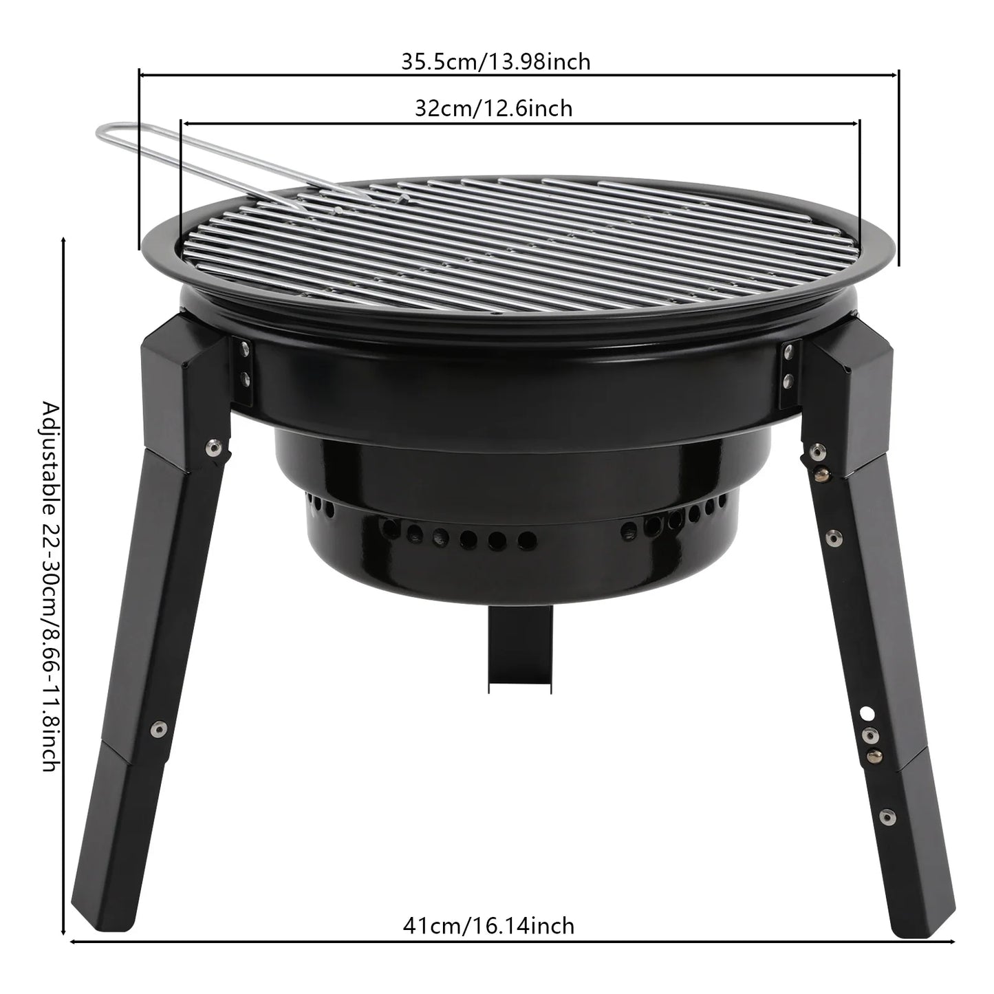 Barbecue à charbon portable pliable à 3 pieds de 35,5 cm avec filet et bac à cendres pour camping, pique-nique et fêtes