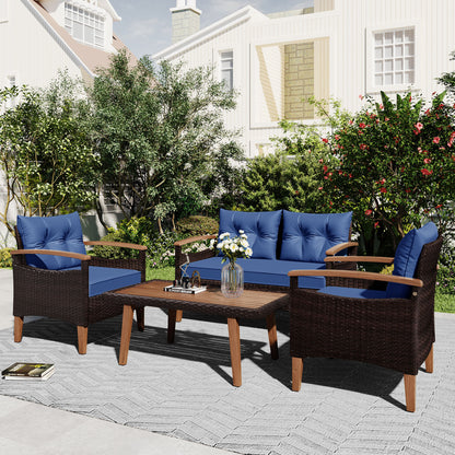 Mobilier de jardin 4 pièces, ensemble de salon de patio, canapé d'extérieur en rotin PE, table et jambes en bois, marron et bleu