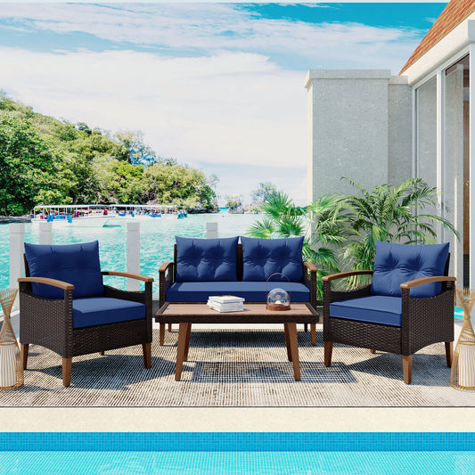 Mobilier de jardin 4 pièces, ensemble de salon de patio, canapé d'extérieur en rotin PE, table et jambes en bois, marron et bleu
